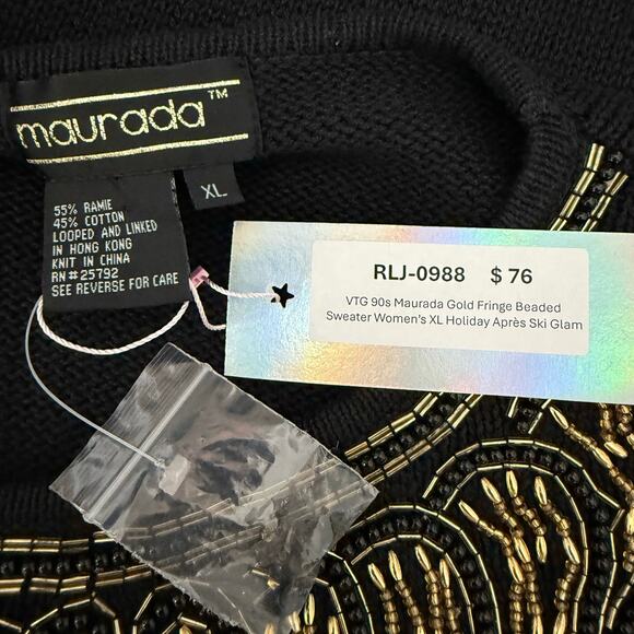 VTG 90s Maurada Gold Fringe Beaded Sweater Women’s XL Holiday Après Ski Glam - Picture 5 of 7